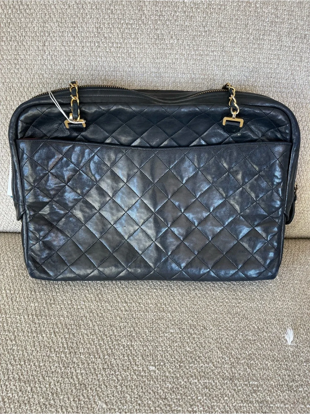 Beautiful Chanel Quilted Lambskin Leather Black Shoulder Bag Tote Gold tone HW